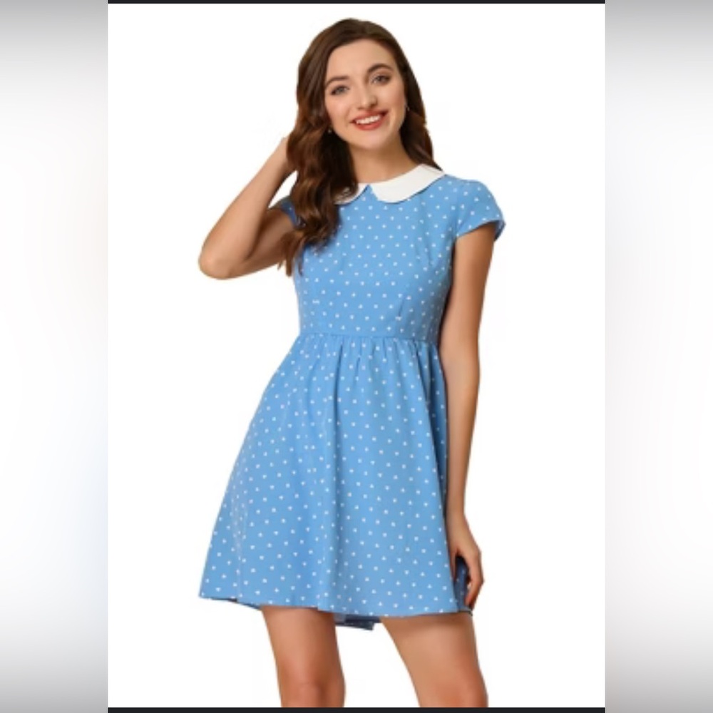 Blue and White Pleated Midi Dress with Peter Pan Collar Alice in wonderland